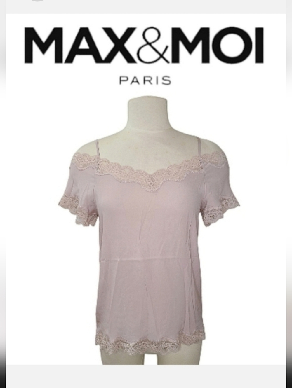 Max & Moi Paris Pink Silk & Lace Open Shoulder Short Sleeve Top 36 US/S NWT
